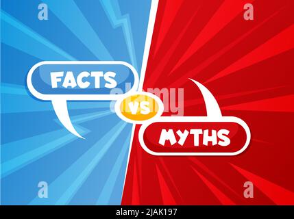 Miti contro fatti, verità e falso o vero e falso finzione, background vettoriale. Miti contro fatti e verità o false bolle popup buster con vero e falso gioco quiz su sfondo rosso e blu Illustrazione Vettoriale