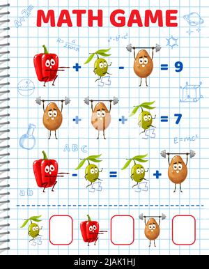 Personaggi di peperoni, olive e patate, foglio di lavoro del gioco di matematica, labirinto di educazione vettoriale. Puzzle di matematica per bambini con verdure per aggiunta matematica e sottrazione enigma per conteggio e calcolo abilità Illustrazione Vettoriale