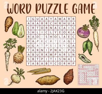 Schizzi di verdure isolati RAW sul foglio di lavoro del gioco di puzzle di ricerca di parola. Griglia del quiz dei bambini, puzzle educativo o gioco logico, modello della pagina del libro vettoriale del test dell'intelligenza dei bambini con l'operazione di ricerca della parola Illustrazione Vettoriale