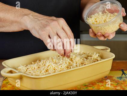 Lo chef cosparge il parmigiano sulla torta di manzo tourtiere con pomodori ciliegini. Torta di carni mincemeat francese Foto Stock