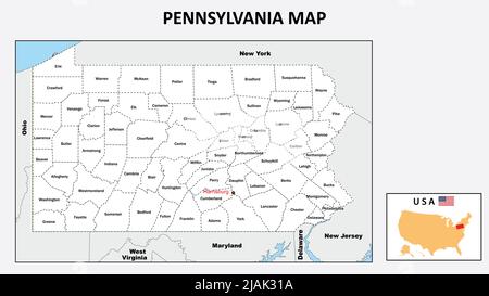 Mappa della Pennsylvania. Mappa politica della Pennsylvania con confini di colore bianco. Illustrazione Vettoriale