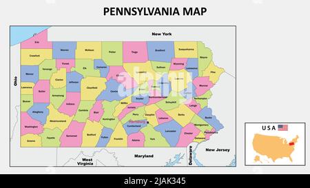 Mappa della Pennsylvania. Mappa politica della Pennsylvania con confini di colore bianco. Illustrazione Vettoriale