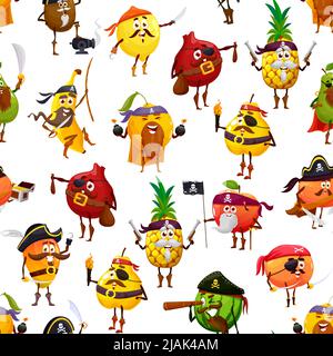 Cartoon frutta pirati, corsari e filibusters modello senza cuciture. Sfondo vettoriale con banana, kiwi, limone e arancio, mandarino, granato, ananas, pera, mela, mela cotogna, mango e anguria Illustrazione Vettoriale