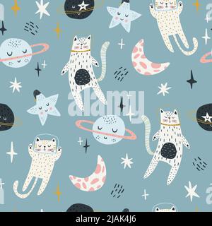 Modello infantile senza cuciture con astronauti di gatto nello spazio. In colorato stile scandinavo alla moda. Texture creativa scandinava per il bambino, per tessuti e fasciature Illustrazione Vettoriale