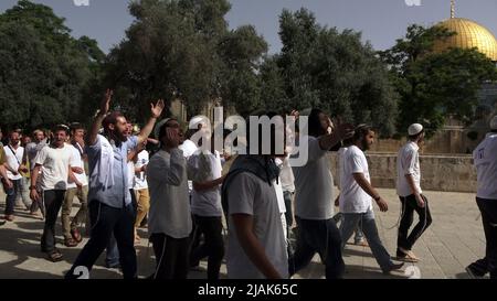 GERUSALEMME, ISRAELE - MAGGIO 29: I poliziotti israeliani scortano un gruppo di israeliani ultra-nazionalisti che visitano il Monte del Tempio conosciuto dai musulmani come Haram esh-Sharif (Santuario del Nobile) durante la festa israeliana 'Jerusalem Day' davanti al nazionalista ebraico 'flag march' nella città vecchia il 29 Maggio 2022 a Gerusalemme, Israele. La marcia della bandiera del giorno di Gerusalemme segna l'anniversario dell'unificazione della Città Vecchia e di Gerusalemme Est nel 1967. Foto Stock