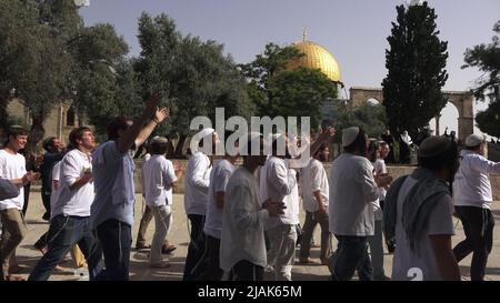 GERUSALEMME, ISRAELE - MAGGIO 29: I poliziotti israeliani scortano un gruppo di israeliani ultra-nazionalisti che visitano il Monte del Tempio conosciuto dai musulmani come Haram esh-Sharif (Santuario del Nobile) durante la festa israeliana 'Jerusalem Day' davanti al nazionalista ebraico 'flag march' nella città vecchia il 29 Maggio 2022 a Gerusalemme, Israele. La marcia della bandiera del giorno di Gerusalemme segna l'anniversario dell'unificazione della Città Vecchia e di Gerusalemme Est nel 1967. Foto Stock