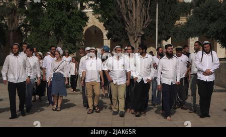 GERUSALEMME, ISRAELE - MAGGIO 29: I poliziotti israeliani scortano un gruppo di israeliani ultra-nazionalisti che visitano il Monte del Tempio conosciuto dai musulmani come Haram esh-Sharif (Santuario del Nobile) durante la festa israeliana 'Jerusalem Day' davanti al nazionalista ebraico 'flag march' nella città vecchia il 29 Maggio 2022 a Gerusalemme, Israele. La marcia della bandiera del giorno di Gerusalemme segna l'anniversario dell'unificazione della Città Vecchia e di Gerusalemme Est nel 1967. Foto Stock