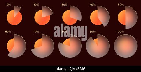 Effetto morfismo del vetro. Set di percentuale infografica cartografica acrilica satinata trasparente. Cerchi sfumati giallo arancio su sfondo marrone scuro Illustrazione Vettoriale