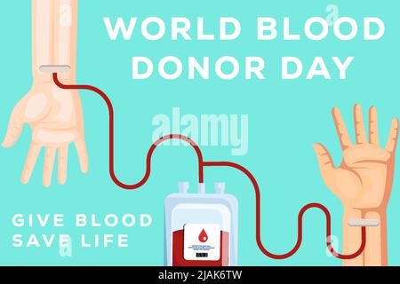 giornata del donatore di sangue del mondo del banner con la mano che dona sangue e la mano ricevono la donazione di sangue Illustrazione Vettoriale