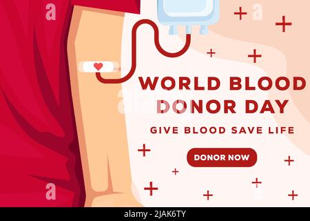 banner poster giornata mondiale del donatore di sangue con la donazione in camicia rossa Illustrazione Vettoriale
