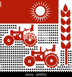 Concetto di agricoltura. Il trattore aratri il campo. Il processo di dissodamento. Vita rurale. Illustrazione del vettore dei terreni agricoli. Illustrazione Vettoriale