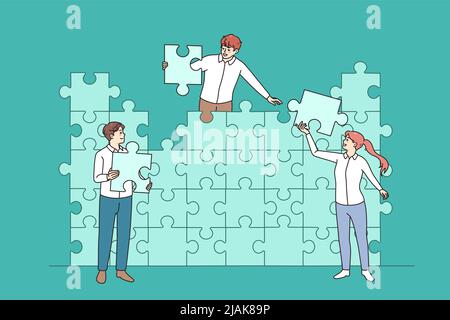 Diversi uomini d'affari collegano puzzle jigsaw cercando una soluzione aziendale insieme. I colleghi collaborano per raggiungere obiettivi condivisi o risultati. Lavoro di squadra. Illustrazione vettoriale. Illustrazione Vettoriale