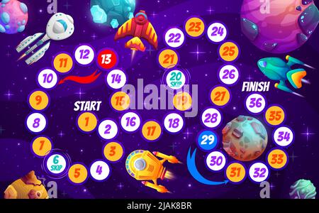Gioco da tavolo per bambini, stelle galassie dell'universo dei cartoni animati, razzi e navicelle spaziali. Gioco di bordo vettoriale con percorso serpente numerato e veicolo spaziale nello spazio, puzzle a piedi per la famiglia e i bambini, enigma cosmico di viaggio Illustrazione Vettoriale