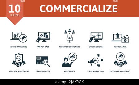 Icona Commeralize Set. Le icone modificabili commercializzano temi come il marketing di nicchia, i clienti richiamati, il ritiro e altro ancora. Illustrazione Vettoriale