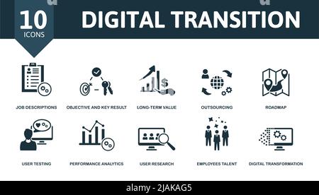 Icona del set di transizione digitale. Icone modificabili tema di transizione digitale come descrizioni di lavoro, valore a lungo termine, roadmap e altro ancora. Illustrazione Vettoriale