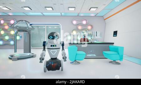 Robot receptionist in ospedale, concetto metaverse. 3d rendering Foto Stock