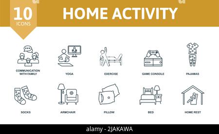 Icona impostazione attività home. Icone modificabili tema di attività domestica come la comunicazione con la famiglia, l'esercizio fisico, pigiami e molto altro. Illustrazione Vettoriale