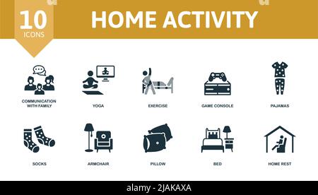 Icona impostazione attività home. Icone modificabili tema di attività domestica come la comunicazione con la famiglia, l'esercizio fisico, pigiami e molto altro. Illustrazione Vettoriale