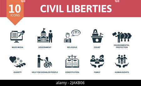 Icona Civil Liberties Set (libertà civili impostate). Icone modificabili tema delle libertà civili come i mass media, religiosi, tutela ambientale e altro ancora. Illustrazione Vettoriale