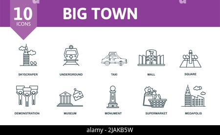 Icona Big Town Set. Icone modificabili tema città grande come grattacielo, taxi, piazza e molto altro. Illustrazione Vettoriale