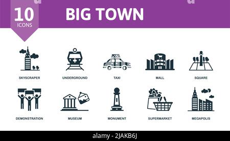 Icona Big Town Set. Icone modificabili tema città grande come grattacielo, taxi, piazza e molto altro. Illustrazione Vettoriale