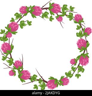 Corona di fiori rosa trifoglio. Telaio rotondo, pianta luminosa carina con foglie di shamrock. Decorazioni natalizie per matrimoni, feste, cartoline, poster e design. Illustrazione piatta vettoriale Illustrazione Vettoriale