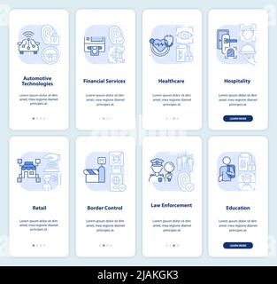 Utilizzo del set di schermate dell'app mobile onboarding blu chiaro biometrics Illustrazione Vettoriale