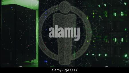 Immagine dell'icona delle persone e dell'elaborazione dei dati nella sala server Foto Stock