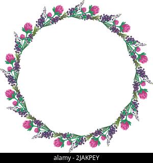 Corona di fiori rosa di trifoglio e piante selvatiche viola. Telaio rotondo, pianta luminosa carina con foglie di shamrock. Decorazioni natalizie per matrimoni, feste, biglietti, poster e design. Illustrazione piatta vettoriale Illustrazione Vettoriale