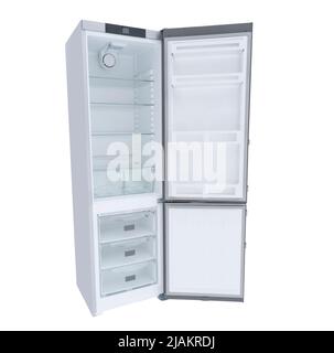 Nuovo frigorifero con porte aperte isolate su sfondo bianco. Vista frontale del moderno frigorifero in acciaio inox vuoto. Frigorifero congelatore isolato Foto Stock