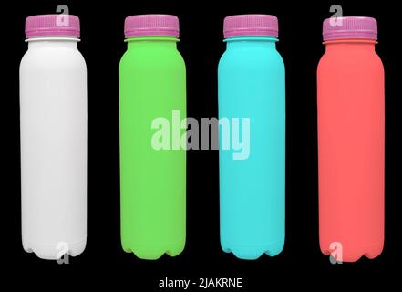 Bottiglia di plastica di colore diverso isolata su sfondo nero. Confezionamento dei prodotti. Flacone di plastica isolato con percorso di taglio Foto Stock