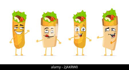 Shawarma divertente set di personaggi di cartoni animati sorridenti. Doner kebab cute Happy Face Expression mascotte collezione. Diversi burrito fast food gioiosa emoticon vettore immagine eps Illustrazione Vettoriale