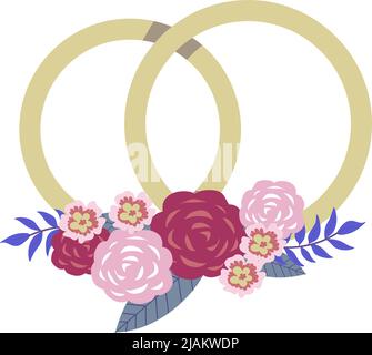 Anelli e fiori di nozze, rose rosse e fogliame Illustrazione Vettoriale