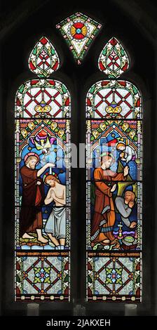 Una vetrata di Frederick Preedy raffigurante il Battesimo di Cristo e la tentazione nella Wilderness, Chiesa della Santissima Trinità, Arrow, Warwickshire Foto Stock