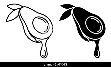 Icona lineare, frutta avocado tagliata a metà con goccia di olio. Aromaterapia e cosmetici naturali. Semplice vettore bianco e nero isolato su backgroun bianco Illustrazione Vettoriale