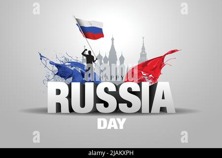 Felice giorno di indipendenza Russia. Vettore illustrazione della bandiera russa e lettera 3d. Poster, banner, modello di disegno Illustrazione Vettoriale