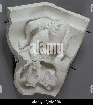 Dannati deviati dalle bestie in presenza di Satana (frammento) nella chiave della finestra della parete settentrionale dell'abside (ne) presbiterio, Basilica. Assunzione della Vergine Maria (Mariacki), Kraków Foto Stock