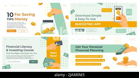 Banner Web Set con denaro risparmio suggerimenti concetto Illustrazione Vettoriale