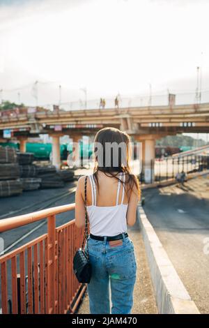 Vista posteriore giovane donna snella con lunghi capelli scuri che camminano lungo la strada al tramonto Foto Stock