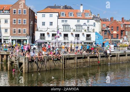 I bambini che pescano granchi al largo della banchina di Whitby Harbour sul fiume Esk a Whitby, North Yorkshire, Inghilterra. Foto Stock