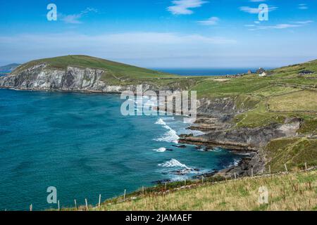 Vista della costa della spiaggia di Coumeenoole dalla Slea Head Drive nella penisola di Dingle, Dingle, Irlanda Foto Stock