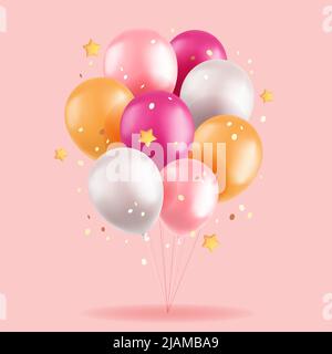 3d palloncini, realistico mazzo colorato di palloncini d'aria rosa e giallo, stelle e confetti su sfondo rosa. Auguri di compleanno, baby shower, grande Illustrazione Vettoriale