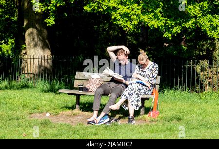 Libri di lettura della coppia su Hampstead Heath Londra Regno Unito Foto Stock