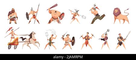 Gladiatori antichi romani. Diversi combattenti di armi, personaggi forti cartoni animati in costume tradizionale, soldati e animali, battaglia del colosseo Illustrazione Vettoriale