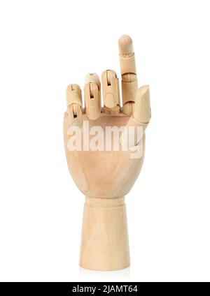 Mano di legno su sfondo bianco primo piano Foto Stock