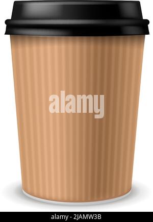 Tazza di caffè di carta. Contenitore in cartone realistico con coperchio in plastica nero. Caffè o ristorante, bevande da asporto, latte, espresso o cappuccino, pacchetto vuoto Illustrazione Vettoriale