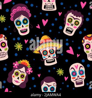 Modello Messico. Fondo senza cuciture, teschi di zucchero tradizionali in sombrero, scheletri decorativi con cuori e fiori, festa della calavera, giorno di Illustrazione Vettoriale