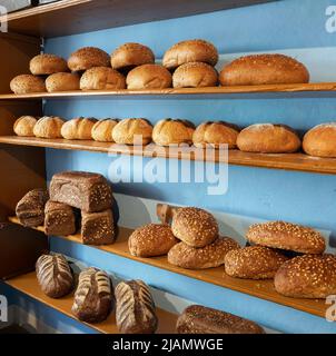 Pane e diversi tipi di prodotti da forno Foto Stock