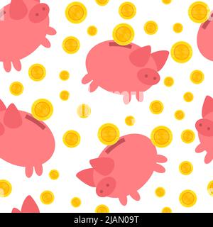 Modello senza cuciture Piggy Bank. Monete in oro e dollaro cartoon rosa maiale isolato su sfondo bianco. Investimenti e risparmio di denaro contesto Illustrazione Vettoriale