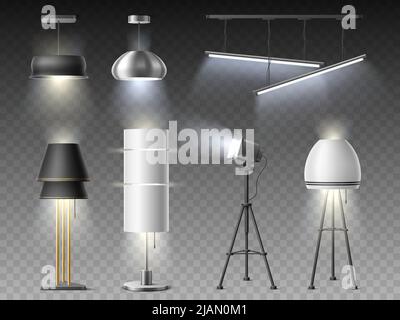 Luci abitacolo realistiche. Diverse tipologie di illuminazione per le camere, lampadari e lampade da pavimento, elementi interni illuminati per la casa e gli studi, design loft moderno Illustrazione Vettoriale